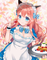 Rule 34 | 1girl, animal ears, apron, blue bow, blue eyes, blue neckwear, blueberry, blush, bow, breasts, brooch, cat ears, cleavage, cleavage cutout, closed mouth, clothing cutout, colored eyelashes, food, frilled apron, frilled cuffs, frilled sleeves, frills, fruit, gem, hair bow, hairband, holding, holding food, holding fruit, holding tray, jewelry, large breasts, leaf, leaf background, long hair, maid, maid headdress, naomi (fantasia), orange hair, original, puffy short sleeves, puffy sleeves, short sleeves, smile, solo, strawberry, tareme, tray, upper body, white apron, wrist cuffs