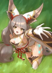 Rule 34 | 1girl, animal ears, breasts, cat ears, chest jewel, cleavage, deekei, detached sleeves, facial mark, grey hair, highleg, highleg leotard, highres, leotard, long hair, looking at viewer, low twintails, medium breasts, nia (blade) (xenoblade), nia (xenoblade), nintendo, smile, solo, thighhighs, twintails, very long hair, xenoblade chronicles (series), xenoblade chronicles 2, yellow eyes