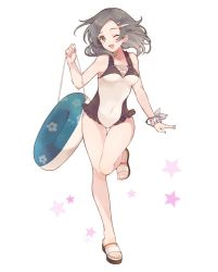 Rule 34 | 1girl, barefoot, black hair, breasts, collarbone, full body, hair ornament, innertube, kantai collection, kuroshio (kancolle), one-piece swimsuit, one eye closed, open mouth, sandals, scrunchie, shakemi (sake mgmgmg), short hair, small breasts, smile, solo, star (symbol), swim ring, swimsuit, toes, white background, wrist scrunchie, yellow eyes
