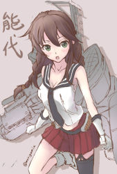 Rule 34 | &gt;:o, 10s, 1girl, :o, braid, brown hair, character name, gloves, green eyes, kantai collection, long hair, looking at viewer, machinery, morigami (morigami no yashiro), noshiro (kancolle), open mouth, pleated skirt, school uniform, serafuku, single thighhigh, sketch, skirt, sleeveless, solo, thighhighs, twitter username, v-shaped eyebrows, white gloves