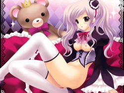 Rule 34 | 1girl, blush, bottomless, breasts, corset, crossed legs, hat, legs, light purple hair, long legs, mini hat, mini top hat, navel, nipples, open mouth, original, purple eyes, shindou mikeko, sitting, solo, stuffed animal, stuffed toy, thighhighs, thighs, top hat, white thighhighs