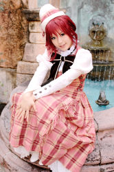 Rule 34 | 1girl, asian, blue eyes, color contacts, cosplay, dress, esther blanchett, esther blanchett (cosplay), fountain, frog, hat, kipi-san, looking at viewer, mole, photo (medium), puffy sleeves, red hair, sitting, solo, statue, trinity blood