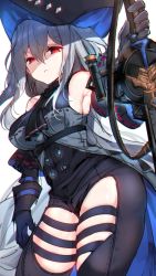 Rule 34 | 1girl, arknights, armpits, ascot, black gloves, breasts, clothing cutout, commentary, cowboy shot, detached sleeves, elite ii (arknights), english commentary, gloves, grey hair, hat, highres, long hair, looking at viewer, medium breasts, rayno, red eyes, shaded face, simple background, skadi (arknights), skadi (elite ii) (arknights), solo, sword, thigh cutout, weapon, white background