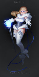 Rule 34 | 1girl, armor, blonde hair, blue eyes, blush, braid, cleavage cutout, clothing cutout, covered erect nipples, floating, fur trim, gloves, gradient background, highres, long hair, open mouth, original, pointy ears, smile, solo, sunligh mao, teeth, thighhighs, wand, white footwear, white gloves, white thighhighs
