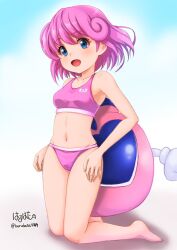 Rule 34 | 1girl, bikini, blue eyes, blush, breasts, haruhata mutsuki, kneeling, looking at viewer, navel, open mouth, pastel (twinbee), pink bikini, pink hair, robot, short hair, small breasts, smile, solo, swimsuit, twinbee, twinbee (character)