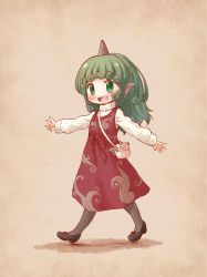 Rule 34 | 1girl, arinu, bag, beige background, black footwear, black pantyhose, curly hair, dress, fang, full body, green eyes, green hair, handbag, highres, horns, komano aunn, long hair, looking at viewer, nail polish, pantyhose, pointy ears, red dress, ribbed sweater, shoes, single horn, solo, sweater, touhou, turtleneck, turtleneck sweater, walking, white sweater