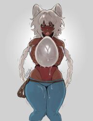 Rule 34 | 1girl, animal ear fluff, animal ears, bare shoulders, blue eyes, blue pants, braid, cat ears, character request, commentary, commission, curvy, dark-skinned female, dark skin, denim, draart, easter, easter egg, egg, english commentary, final fantasy, final fantasy xiv, grey background, grey hair, highleg, highleg leotard, highres, holding, holding egg, implied after insertion, jeans, leotard, leotard under clothes, long hair, looking to the side, low twin braids, lowleg, lowleg pants, miqo&#039;te, pants, red leotard, second-party source, solo, suggestive fluid, thick thighs, thighs, trembling, twin braids, twitter username, very long hair, warrior of light (ff14)