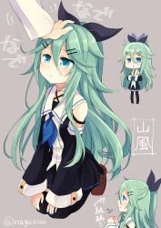 Rule 34 | 10s, 1girl, :t, bare shoulders, black ribbon, black thighhighs, blue neckerchief, character name, chibi, detached sleeves, expressive clothes, from side, green eyes, green hair, grey background, hair between eyes, hair ornament, hair ribbon, hairclip, hands on own knees, headpat, kantai collection, loafers, long hair, long sleeves, multiple views, nagasioo, neckerchief, ponytail, pout, ribbon, sailor collar, seiza, shoes, sitting, thighhighs, triangle mouth, twitter username, wavy mouth, wide sleeves, yamakaze (kancolle)