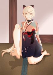 Rule 34 | 1girl, absurdres, bare legs, barefoot, black choker, blonde hair, choker, closed mouth, dress, girls&#039; frontline, hair ribbon, highres, hsubo, japanese clothes, legs, long hair, looking at viewer, no shoes, on floor, ots-14 (flurry of petals) (girls&#039; frontline), ots-14 (girls&#039; frontline), ribbon, simple background, sitting, soles, solo, toes, yellow eyes