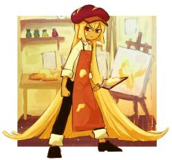 Rule 34 | 1girl, apron, black footwear, black pants, blonde hair, bread, brown apron, brown eyes, brown hat, butter, butter pretzel cookie, cabbie hat, canvas (object), closed mouth, cookie run, food, full body, hat, long hair, long sleeves, looking at viewer, palette knife, pants, shelf, shirt, shoes, solo, table, very long hair, white shirt, york0pm