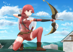 Rule 34 | 10s, 1girl, aiming, armpits, asymmetric gloves, asymmetrical gloves, blue sky, boots, bow (weapon), braid, day, drawing bow, gloves, hai to gensou no grimgar, hair over shoulder, holding, holding bow (weapon), holding weapon, kayama kouji, long hair, on roof, on one knee, quiver, red eyes, red hair, red thighhighs, shorts, single braid, sky, solo, thighhighs, uneven gloves, weapon, yume (grimgar), zettai ryouiki