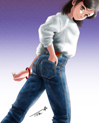 Rule 34 | 1girl, ass, black hair, blue pants, bracelet, brown eyes, chutohampa, denim, gradient background, hair ornament, hairclip, highres, jeans, jewelry, levi&#039;s, long sleeves, original, pants, purple background, shirt, shirt tucked in, short hair, signature, smile, solo, white background, white shirt