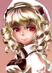 Rule 34 | 1girl, absurdres, bad id, bad pixiv id, blonde hair, close-up, drill hair, female focus, gagrim, hat, highres, lips, luna child, portrait, red eyes, short hair, simple background, smile, solo, touhou, upper body