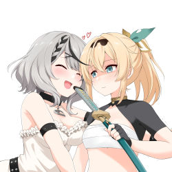 Rule 34 | 2girls, absurdres, bare shoulders, black hair, blonde hair, blush, braid, breasts, chest sarashi, cleavage, closed eyes, closed mouth, commentary, english commentary, face-to-face, facing another, fang, felutiahime, green eyes, green ribbon, grey hair, hair between eyes, hair ribbon, highres, holding, holding sword, holding weapon, hololive, kazama iroha, looking at another, medium breasts, medium hair, midriff, multicolored hair, multiple girls, open mouth, ponytail, ribbon, sakamata chloe, sarashi, shaded face, sheath, sheathed, single braid, small breasts, smile, streaked hair, sword, trembling, upper body, virtual youtuber, weapon, white background