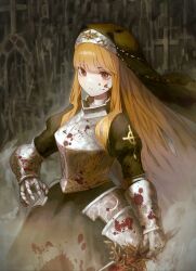 Rule 34 | absurdres, angelica (brown dust), armor, armored dress, armored skirt, blonde hair, blood, blood on clothes, blood on face, brown dust 2, celtic cross, chest armor, closed mouth, cross, gauntlets, habit, hand on own hip, highres, holding, holding sword, holding weapon, juliet sleeves, latin cross, long hair, long sleeves, muffin kjy010913, puffy sleeves, red eyes, sword, tiara, very long hair, weapon