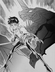 Rule 34 | 1boy, bodysuit, commentary, commission, english commentary, eva 01, evangelion (mecha), greyscale, hair behind ear, holding, holding staff, horns, ikari shinji, interface headset, karl kerschl, leaning forward, male focus, mecha, monochrome, neon genesis evangelion, open hand, open mouth, pilot suit, plugsuit, robot, science fiction, single horn, staff, v-shaped eyebrows, western comics (style)