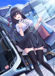Rule 34 | 1girl, :d, bag, black corset, black hair, black thighhighs, blouse, blue sky, blush, building, bus, cloud, commentary, corset, dutch angle, english commentary, hair ribbon, highres, holding, holding bag, long hair, looking at viewer, motor vehicle, open mouth, original, outdoors, png pant (bus), puffy short sleeves, puffy sleeves, purple eyes, red ribbon, ribbon, shirt, shopping bag, short sleeves, sky, smile, solo, standing, thighhighs, tile floor, tiles, white shirt, wristband