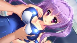 Rule 34 | 1girl, blush, grabbing another&#039;s breast, breasts, cleavage, game cg, grabbing, huge breasts, kaneshiro wataru, large breasts, long hair, one-piece swimsuit, pov, purple eyes, purple hair, raru, school swimsuit, shiny clothes, smile, swimsuit, tongue, tongue out, twintails