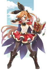 Rule 34 | 1girl, aqua eyes, black gloves, black thighhighs, blush, book, boots, breasts, brown hair, cape, clarisse (granblue fantasy), cloud, commentary request, gloves, granblue fantasy, green eyes, hair ribbon, highres, long hair, looking at viewer, medium breasts, one eye closed, open mouth, orange hair, ponytail, popoin, revision, ribbon, skirt, sleeveless, smile, solo, thighhighs, turtleneck