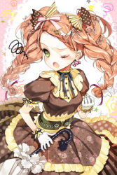 Rule 34 | 1girl, ;o, belt, blush, bow, braid, brown hair, candy, cherrypin, closed umbrella, dress, earrings, frills, gathers, gloves, hair ornament, jewelry, lolita fashion, lowres, mole, one eye closed, open mouth, ribbon, short twintails, solo, sword girls, twin braids, twintails, umbrella, wink