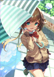 Rule 34 | 1girl, :d, absurdres, after rain, blue eyes, blush, brown hair, cardigan, flipped hair, flower, green eyes, hair ornament, hairclip, highres, holding, holding umbrella, hydrangea, loafers, long hair, looking at viewer, multicolored eyes, neck ribbon, open mouth, original, puddle, rainbow, reflection, reflective water, ribbon, school uniform, shoes, sleeves past wrists, smile, socks, solo, standing, standing on one leg, striped umbrella, twintails, umbrella, water drop, yoko-ya manjirou