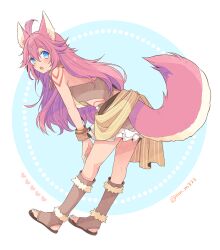 Rule 34 | 1girl, ahoge, animal ears, blue eyes, blush, boots, bracelet, brown footwear, commentary, full body, fur-trimmed boots, fur trim, fuuka (rune factory), hand on own leg, jewelry, long hair, looking at viewer, looking back, mini mamu, open mouth, pink hair, rune factory, rune factory 5, shoulder tattoo, solo, standing, tail, tattoo, wolf ears, wolf tail