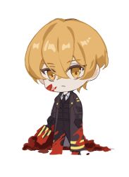 Rule 34 | 1boy, absurdres, blonde hair, blood, blood on clothes, blood on face, chibi, ebf7l, full body, highres, limbus company, mace, project moon, simple background, sinclair (project moon), solo, weapon, white background, yellow eyes