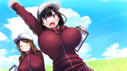 Rule 34 | 2girls, :o, arm up, black hair, blush, breasts, brown hair, closed eyes, cloud, day, female focus, grass, happy, hat, highres, holding, jacket, large breasts, long hair, long sleeves, looking at viewer, multiple girls, open mouth, original, outdoors, shise (agepan), short hair, sky, sleeves past wrists, smile, standing, track jacket, upper body, watashi to kareshi to aitsu no jijou, yellow eyes