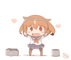 Rule 34 | 10s, 1girl, blush stickers, brown eyes, brown hair, commentary request, cookie cutter, fang, hair ornament, hairclip, hanomido, heart, ikazuchi (kancolle), kantai collection, looking at viewer, mini person, minigirl, neckerchief, open mouth, pantyhose, red neckerchief, school uniform, serafuku, short hair, skirt, solo, white background