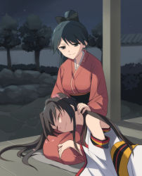Rule 34 | 10s, 2girls, bad id, bad pixiv id, bare shoulders, black eyes, black hair, blush, brown hair, cherry blossoms, detached sleeves, closed eyes, flower, hair flower, hair ornament, highres, houshou (kancolle), japanese clothes, kantai collection, kisetsu, lap pillow, long hair, looking at another, lying on lap, monochrome, multiple girls, ponytail, seiza, sitting, smile, very long hair, yamato (kancolle)