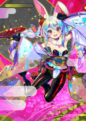 Rule 34 | 1girl, :d, alternate costume, animal ears, black pantyhose, blue hair, braid, breasts, cleavage, commentary request, don-chan (usada pekora), highres, hololive, japanese clothes, kimono, looking at viewer, medium breasts, multicolored hair, obi, onono imoko, open mouth, orange eyes, pantyhose, rabbit ears, sash, smile, teeth, thick eyebrows, twin braids, two-tone hair, upper teeth only, usada pekora, virtual youtuber, white hair, wide sleeves