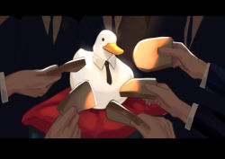 Rule 34 | animal, animal focus, bird, bread, commentary, duck, english commentary, food, formal, head out of frame, highres, holding, holding food, letterboxed, mafiaduck (nilan), multiple boys, necktie, nilan 1999, original, pillow, solo focus, striped, surrounded