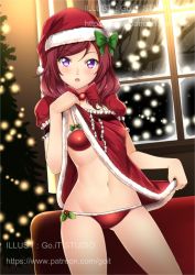 Rule 34 | 1girl, artist name, backlighting, bare tree, bikini, bikini under clothes, blush, bow, bowtie, center frills, christmas, christmas tree, clothes lift, contrapposto, cowboy shot, dress, dress lift, frilled dress, frilled sleeves, frills, fur-trimmed dress, fur trim, gluteal fold, go-it, green bow, hair bow, hat, holly, indoors, legs apart, lifted by self, long hair, looking at viewer, love live!, love live! school idol project, navel, nishikino maki, puffy short sleeves, puffy sleeves, purple eyes, red bikini, red bow, red bowtie, red dress, red hair, santa costume, santa hat, short sleeves, solo, standing, stomach, swept bangs, swimsuit, tareme, thighs, tree, watermark, web address, window