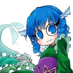 Rule 34 | 1girl, profile picture, blue eyes, blue hair, blush, chamaji, drill hair, fins, fish tail, frills, head fins, japanese clothes, kimono, long sleeves, looking at viewer, lowres, mermaid, monster girl, obi, sash, short hair, signature, simple background, smile, solo, tail, touhou, wakasagihime, white background