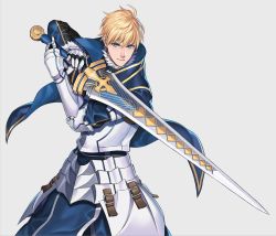 Rule 34 | 1boy, aqua eyes, armor, arthur pendragon (fate), bad id, bad pixiv id, blonde hair, cape, fate/prototype, fate (series), gauntlets, holding, holding sword, holding weapon, looking at viewer, male focus, smile, solo, sora yoshitake yuda, sword, weapon
