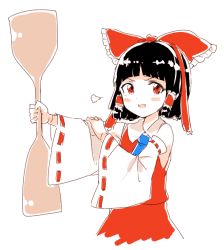Rule 34 | 1girl, ascot, bad id, bad twitter id, black hair, blush stickers, bob cut, bow, detached sleeves, hair bow, hair ornament, hair ribbon, hair tubes, hakurei reimu, japanese clothes, legacy of lunatic kingdom, long sleeves, looking at viewer, miko, oar, open mouth, pokan (xz1128), red eyes, ribbon, shirt, short hair, simple background, skirt, skirt set, smile, solo, touhou, white background, wide sleeves