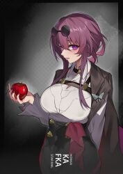 Rule 34 | 1girl, absurdres, apple, black jacket, breasts, character name, commentary, copyright name, cowboy shot, eyewear on head, food, fruit, grey shirt, hair between eyes, highres, holding, holding food, holding fruit, honkai: star rail, honkai (series), jacket, kafka (honkai: star rail), large breasts, long hair, long sleeves, looking at viewer, nail polish, paradox (parapa), parted lips, purple eyes, purple hair, purple lips, purple nails, round eyewear, shirt, sidelocks, solo, standing, sunglasses