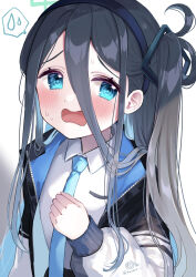 Rule 34 | 1girl, aris (blue archive), black hair, black hairband, black jacket, black skirt, blue archive, blue eyes, blue necktie, blush, collared shirt, commentary request, gradient background, grey background, hairband, halo, highres, jacket, long sleeves, looking at viewer, masshirokachi, necktie, one side up, open clothes, open jacket, open mouth, pleated skirt, puffy long sleeves, puffy sleeves, ringed eyes, shirt, skirt, sleeves past wrists, solo, spoken sweatdrop, sweat, sweatdrop, wavy mouth, white background, white shirt