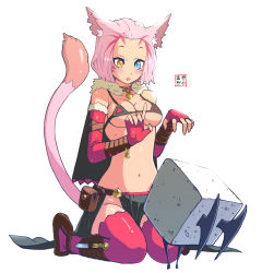 Rule 34 | 10s, 1girl, animal ears, bell, bikini, blush, breasts, cape, cat ears, cat tail, collar, demon brick, elbow gloves, eudetenis, facial mark, final fantasy, final fantasy xiv, fingerless gloves, fur trim, gloves, heterochromia, highres, kneeling, knife, miqo&#039;te, open mouth, pink hair, short hair, solo, swimsuit, tail, thighhighs