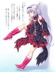 Rule 34 | 1girl, belt boots, boots, gothic lolita, grey hair, highres, knee boots, kyuutou (kyuutouryuu), leg up, lolita fashion, long hair, original, red eyes, rubber boots, solo, translation request