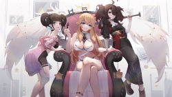 Rule 34 | 3girls, angel, angel wings, asc11, bare shoulders, baseball bat, black footwear, black hair, blonde hair, blue eyes, breasts, brown hair, cleavage, collar, crossed legs, dagger, dress, hair over one eye, hair rings, halo, highres, jacket, knee brace, knife, large breasts, leaning, long dress, looking at viewer, medium breasts, medium hair, multiple girls, navel, off shoulder, on chair, open mouth, original, picture frame, pink jacket, red eyes, shoes, short shorts, shorts, sidelocks, sitting, stomach, thigh strap, two side up, wavy hair, weapon, white legwear, wings