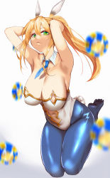 Rule 34 | 1girl, absurdres, animal ears, armpits, arms behind head, artoria pendragon (all), artoria pendragon (fate), artoria pendragon (swimsuit ruler) (fate), blonde hair, blue pantyhose, breasts, cleavage, collar, fake animal ears, fate/grand order, fate (series), fishnet pantyhose, fishnets, green eyes, highres, kisaragi tsurugi, large breasts, leotard, long hair, midriff, navel, necktie, pantyhose, playboy bunny, poker chip, ponytail, rabbit ears, rabbit girl, rabbit tail, simple background, solo, tail, white background