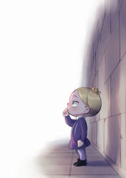 Rule 34 | 1boy, aged down, black footwear, blonde hair, blush, child, commentary request, crown, daida, from side, full body, long sleeves, male focus, mini crown, nikomi (nikomix), ousama ranking, pants, purple shirt, shirt, shoes, short hair, solo, standing, stone wall, thumb sucking, wall, white background