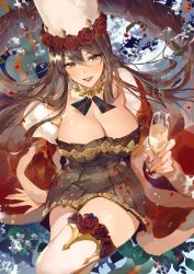 Rule 34 | 1girl, alternate costume, arm support, blue eyes, breasts, brown dress, brown hair, champagne flute, christmas dress, cleavage, crossed legs, cup, dress, drinking glass, granblue fantasy, hair between eyes, holding, holding cup, jewelry, large breasts, long hair, mcmclunar (kaz), necklace, rosetta (granblue fantasy), rosetta (holiday) (granblue fantasy), santa costume, sitting, solo, thigh strap, thighs, white headwear