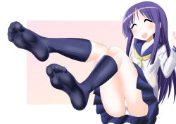 Rule 34 | 1girl, ^ ^, absurdres, ahoterasoryo, blue sailor collar, blue skirt, blue socks, blush, border, closed eyes, collarbone, commission, feet, feet up, foreshortening, full body, hand up, highres, hinata yukari, kneehighs, knees together feet apart, knees up, legs, looking at viewer, neckerchief, no shoes, open mouth, panties, parted bangs, pink background, pixiv commission, pleated skirt, purple hair, ribbed socks, sailor collar, school uniform, serafuku, skirt, socks, soles, solo, thighs, toes, underwear, white border, white panties, yellow neckerchief, yuyushiki, yuyushiki&#039;s school uniform