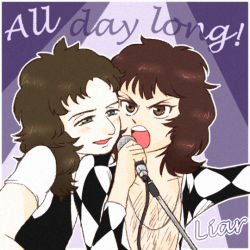 Rule 34 | !, 2boys, black vest, blush, brown eyes, brown hair, checkered clothes, cheek-to-cheek, english text, freddie mercury, hairy, heads together, holding, holding microphone, john deacon, male focus, microphone, multiple boys, music, open mouth, pectorals, pectoral cleavage, pectorals, queen (band), singing, teeth, vest