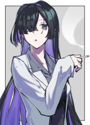 Rule 34 | 1girl, :o, a.i. voice, black hair, blue eyes, border, cigarette, collarbone, collared shirt, colored inner hair, grey background, grey shirt, hair intakes, hair over one eye, hand up, highres, holding, holding cigarette, jacket, long hair, long sleeves, looking at viewer, multicolored hair, one eye covered, open collar, open mouth, outside border, purple hair, shirt, sidelocks, simple background, sleeves past wrists, smoke trail, solo, straight hair, suit jacket, teckinder, upper body, white border, white jacket, yogatari tobari