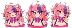 Rule 34 | 1girl, ahoge, bare shoulders, bell, blush, bow, bowtie, breasts, cleavage, closed eyes, commentary, demon girl, demon horns, fang, hair ornament, heart, heart ahoge, heart hair ornament, highres, horns, ironmouse, ironmouse (1st costume), large breasts, long hair, looking at viewer, multicolored hair, multiple views, neck bell, open mouth, pink hair, pout, purple eyes, purple hair, savi (byakushimc), simple background, smile, smirk, tongue, two-tone hair, upper body, virtual youtuber, vshojo, white background