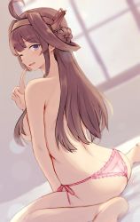 Rule 34 | 1girl, ahoge, ass, back, bare back, bare legs, bare shoulders, barefoot, blush, breasts, brown hair, commentary, finger to mouth, hair between eyes, hair bun, hair over breasts, hair over shoulder, hairband, headgear, highres, indoors, kantai collection, kongou (kancolle), lace, lace-trimmed panties, lace trim, long hair, looking at viewer, one eye closed, open mouth, panties, pink panties, purple eyes, senbei (senbe i), side-tie panties, single hair bun, sitting, smile, solo, topless, underwear, underwear only, wariza, window