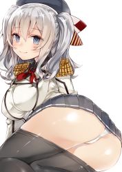 Rule 34 | 10s, 1girl, ass, bad id, bad twitter id, beret, black pantyhose, black skirt, blush, bow, breasts, buttons, clothes pull, collar, collared shirt, double-breasted, epaulettes, eyebrows, female focus, from behind, hat, hat bow, huge ass, kantai collection, kashima (kancolle), kou mashiro, large breasts, looking at viewer, lying, military, military uniform, miniskirt, on side, panties, pantyhose, pantyhose pull, pantyshot, pleated skirt, red ribbon, ribbon, shirt, silver hair, simple background, skirt, smile, solo, two side up, underwear, uniform, white background, white panties